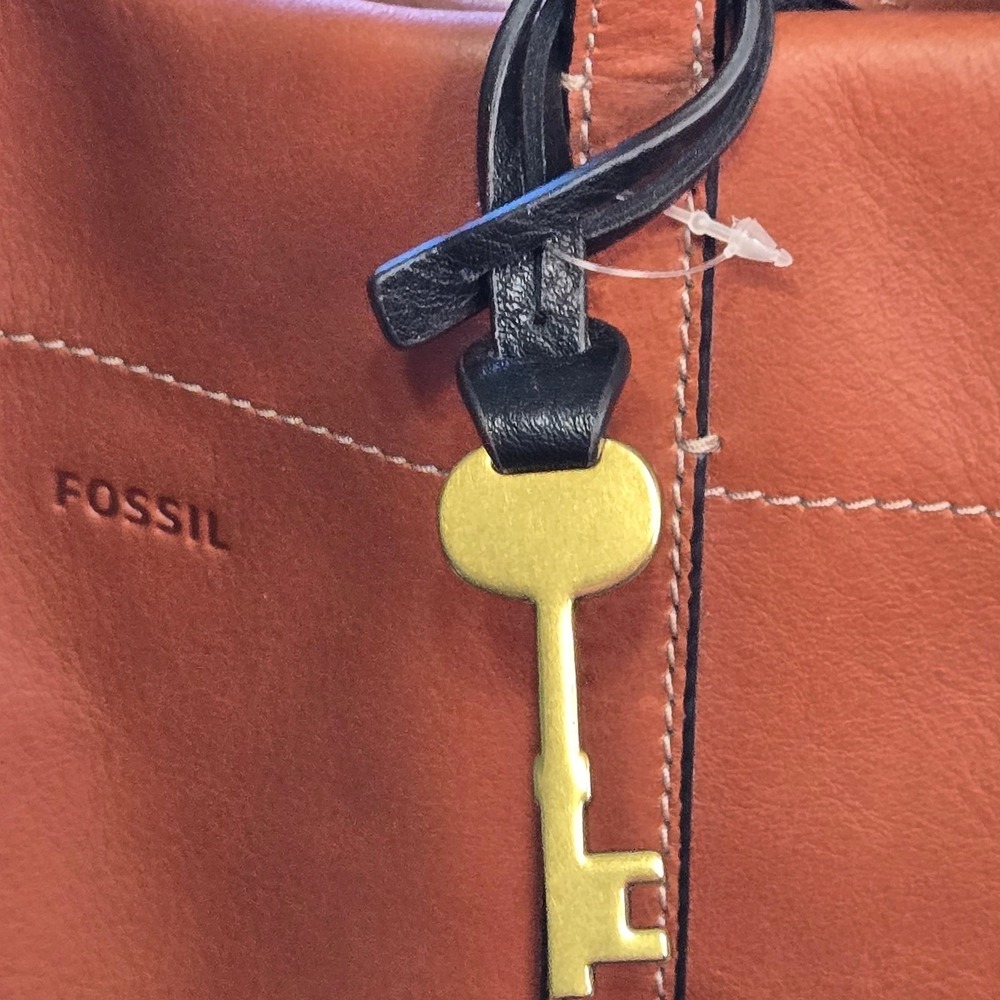 Fossil Brown Leather Tote with Striped Shoulder Strap - Picture 4 of 12